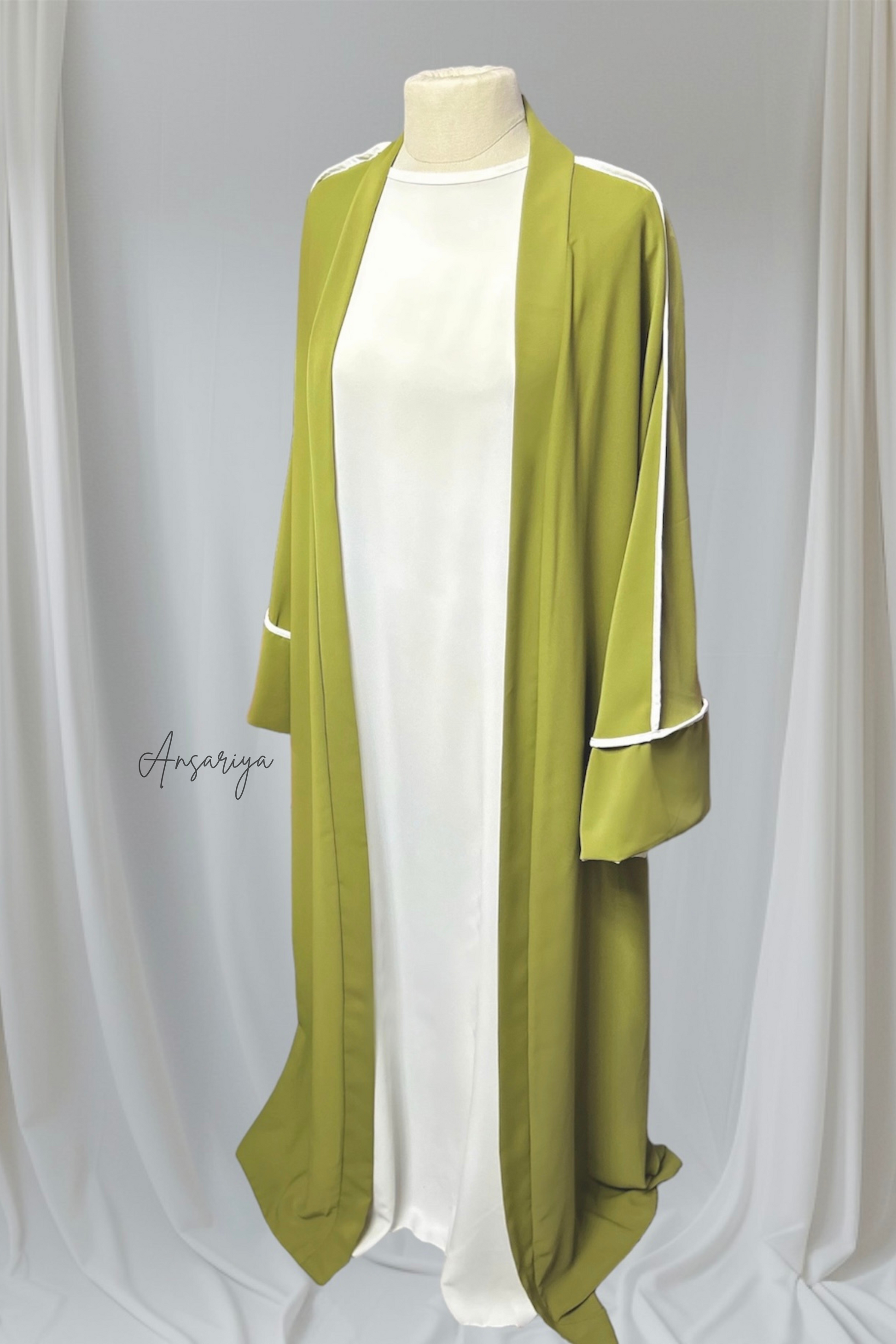 Kimono et Abaya "Sukari" vert pomme|blanc.